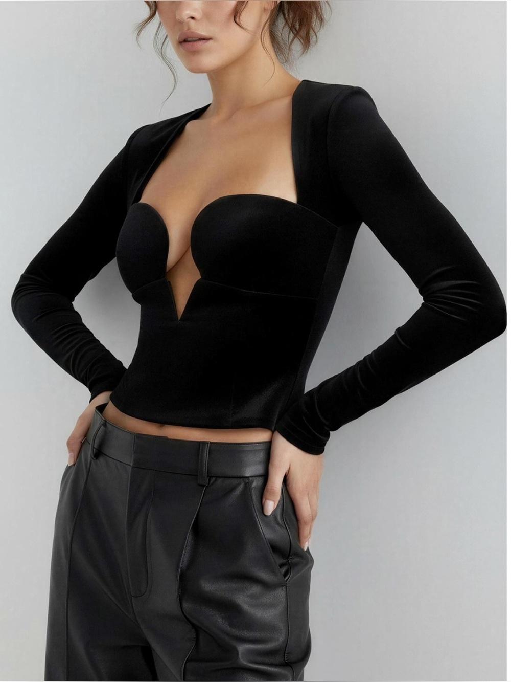 HOUSE OF CB Sierra Long Sleeve Plunge Corset, Black Velvet, Small
